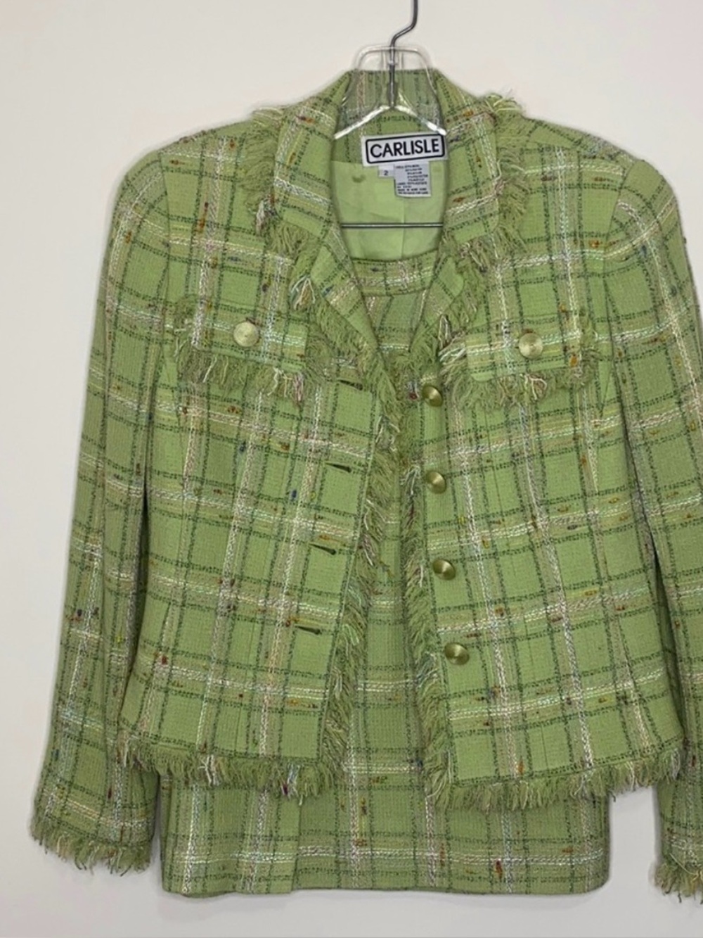 Vintage Carlisle green fringe tweed jacket & skirt size 2/4